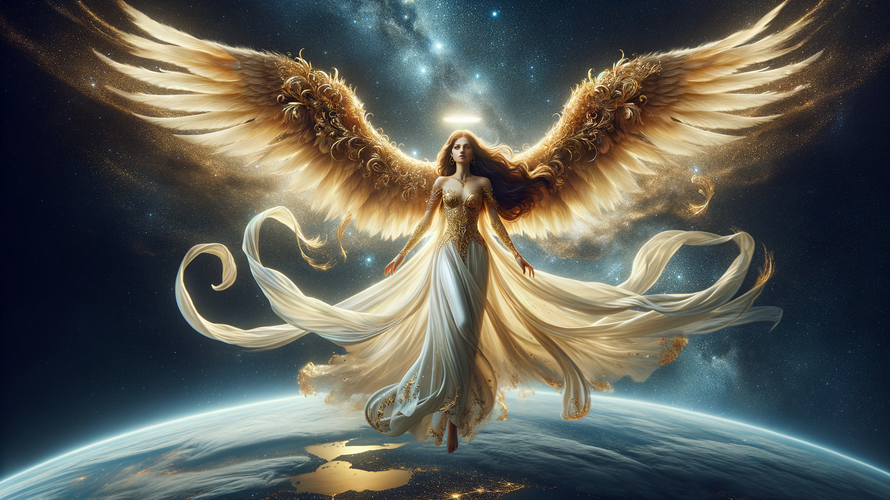 Celestial Figure with Golden Wings Above Earth