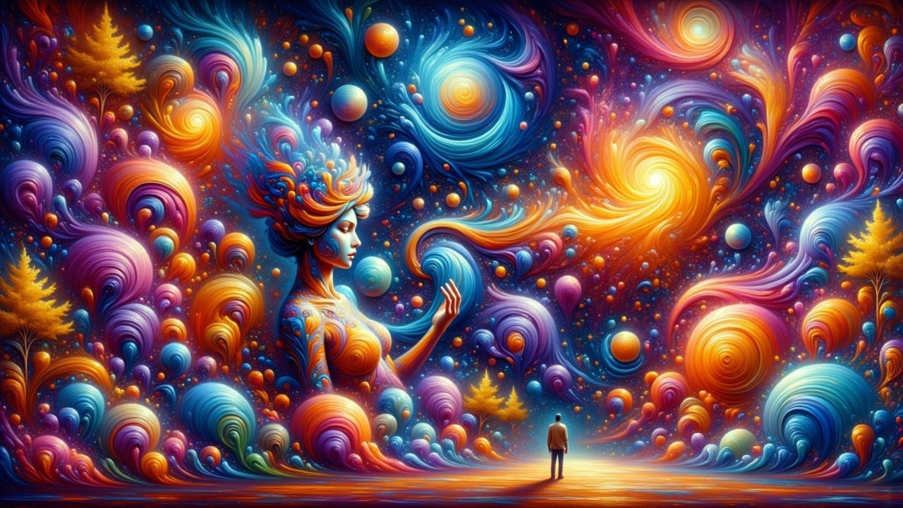 Vibrant Cosmic Scene with Ethereal Figure and Galaxies