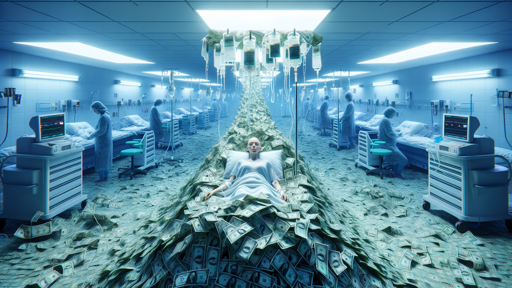 Surreal Hospital Scene with Money and Medical Care