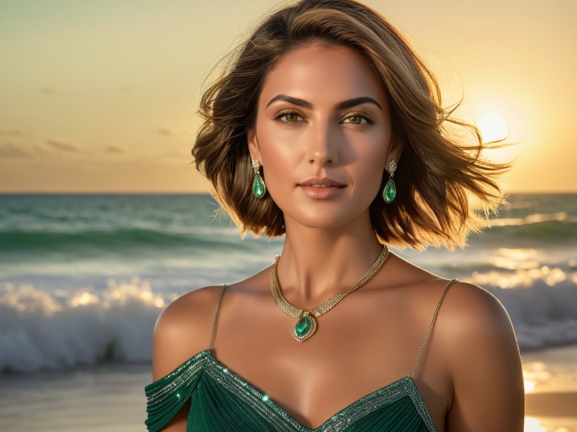 Elegant Woman in Green Dress at Sunset Beach