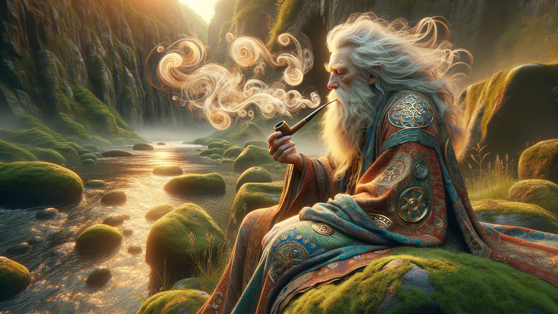 Ancient sage by serene river in lush greenery