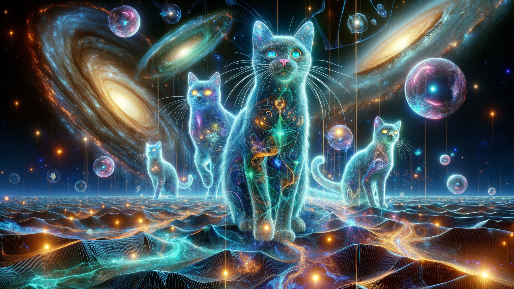 Surreal Scene of Ethereal Cats in Cosmic Backdrop