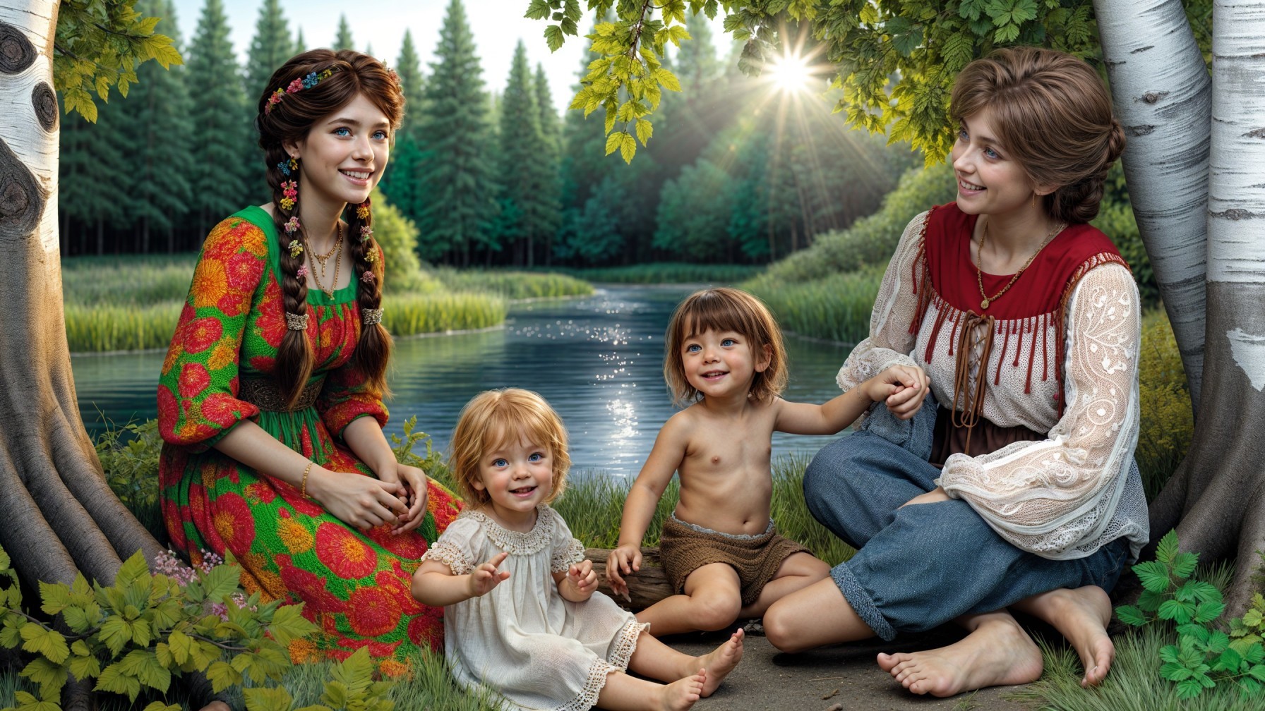 Mother and friend by tranquil lake in serene forest