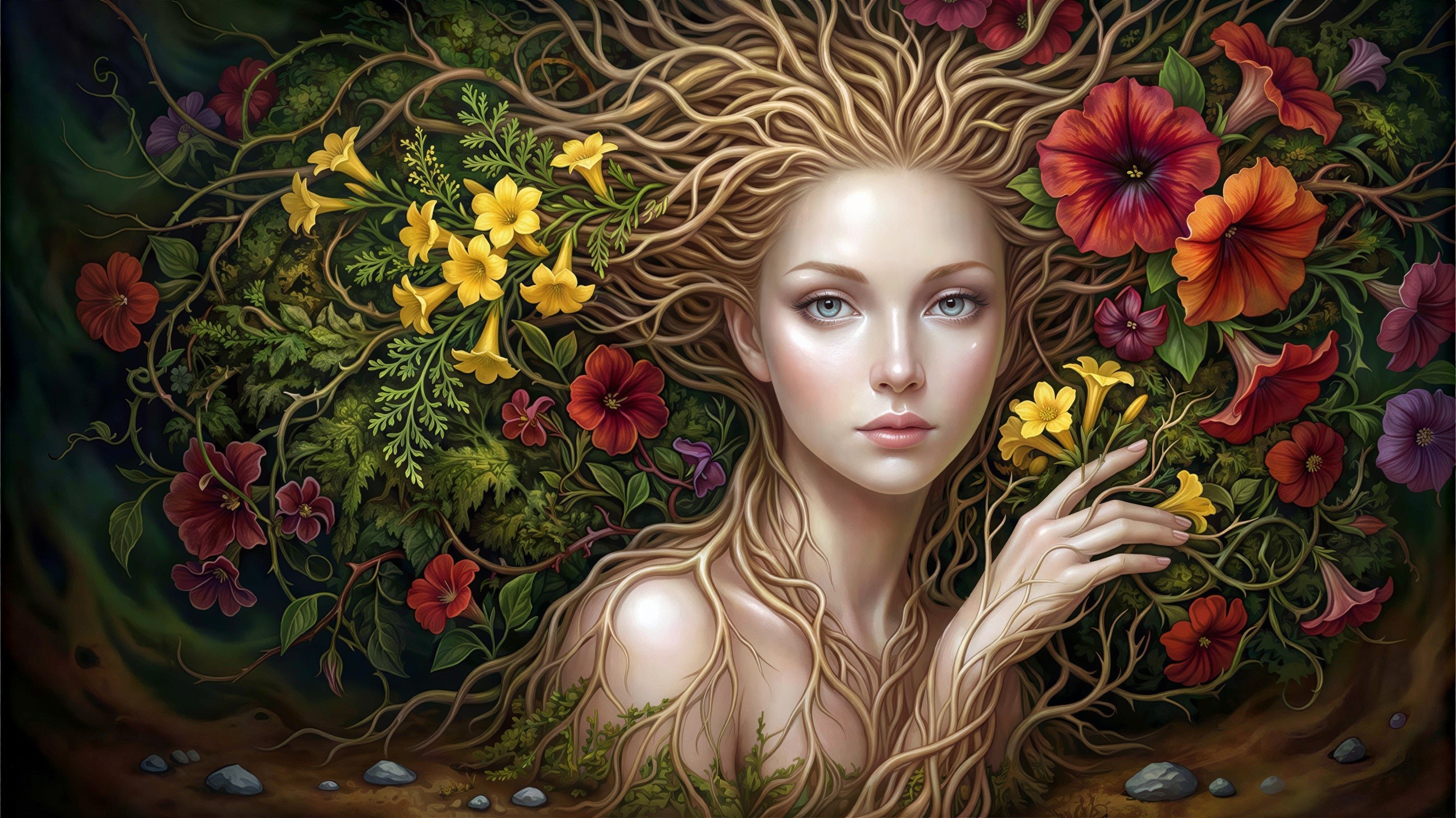 Art Nouveau Digital Painting Featuring Woman and Nature