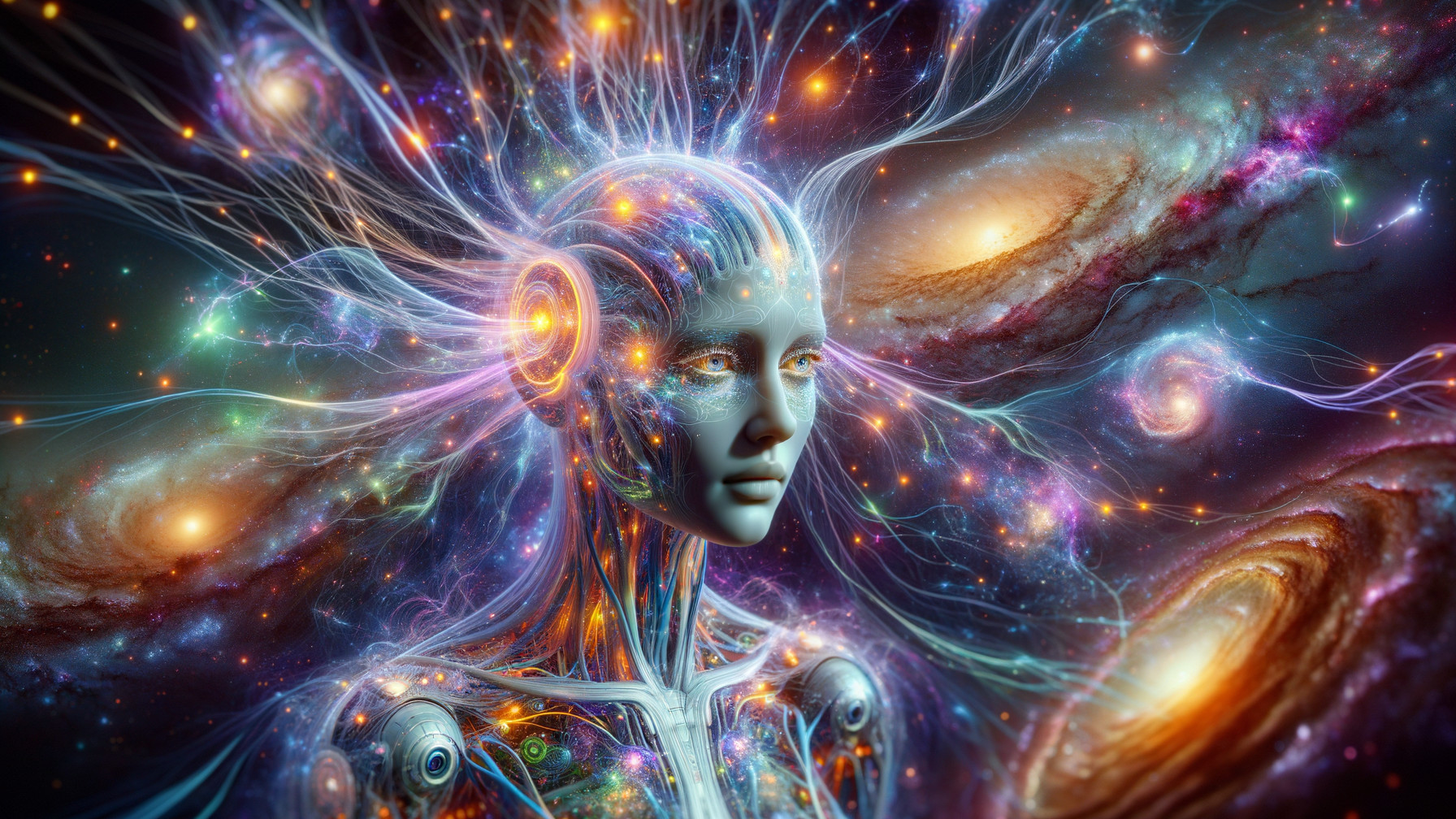Futuristic humanoid figure in cosmic galaxy backdrop