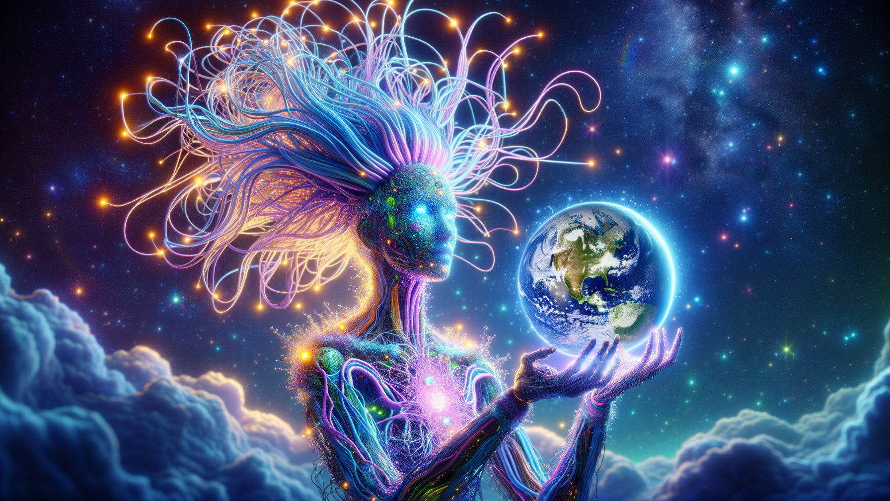 Ethereal Being with Energy Hair and Glowing Earth