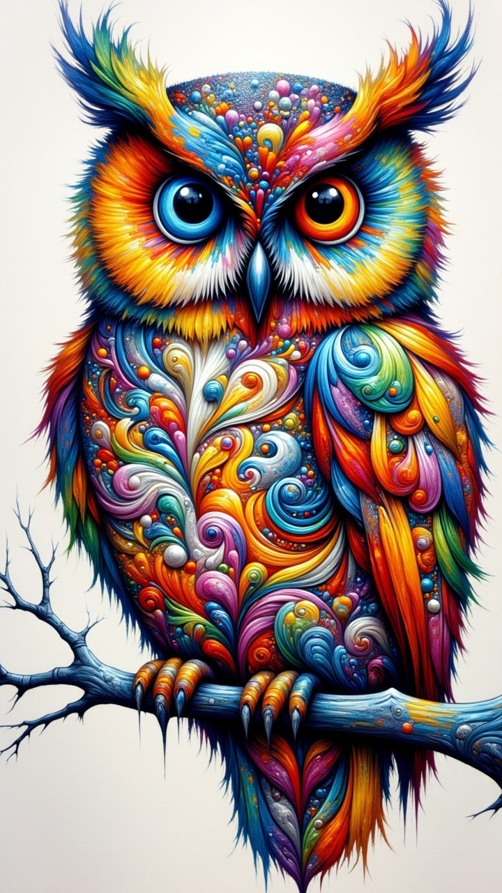 Intricately Designed Colorful Owl on a Branch