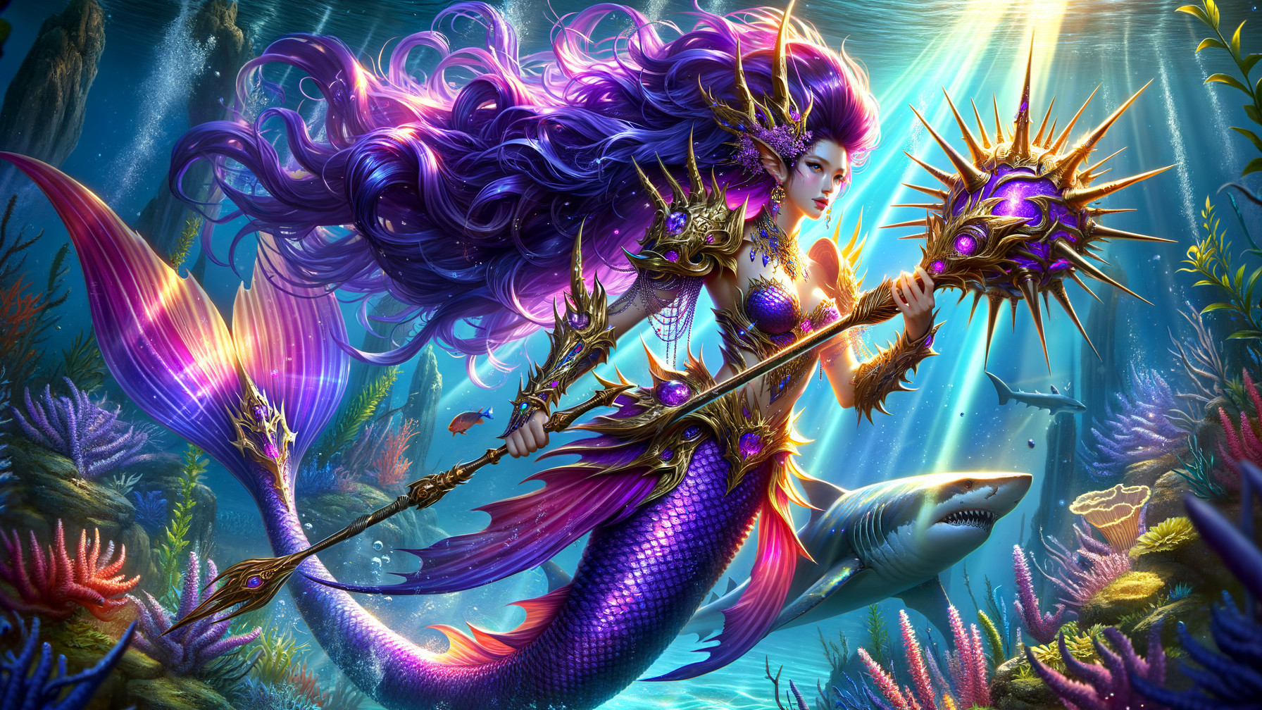 Majestic Mermaid with Purple Hair and Golden Trident