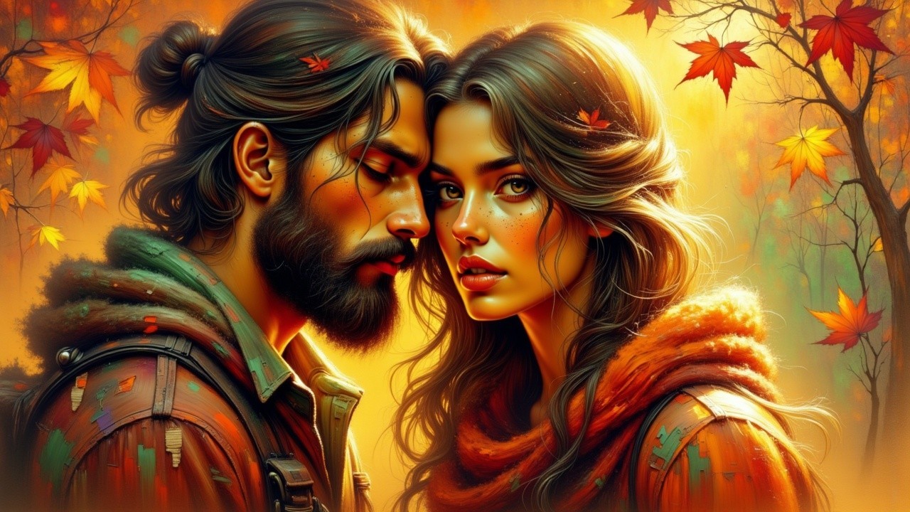 Couple in Autumn Setting Surrounded by Golden Leaves