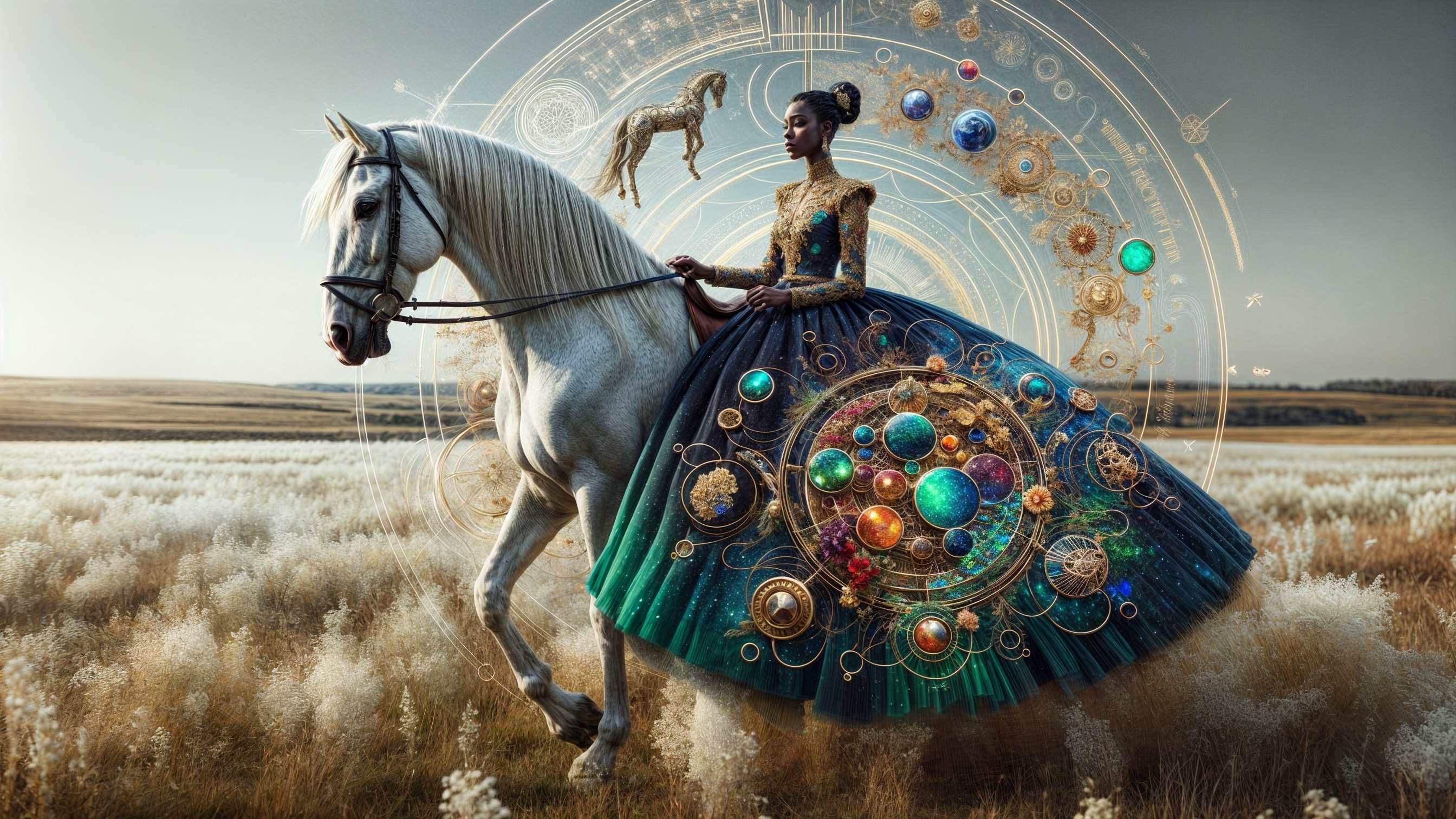 Cosmic-Themed Gown and White Horse in Dreamy Landscape