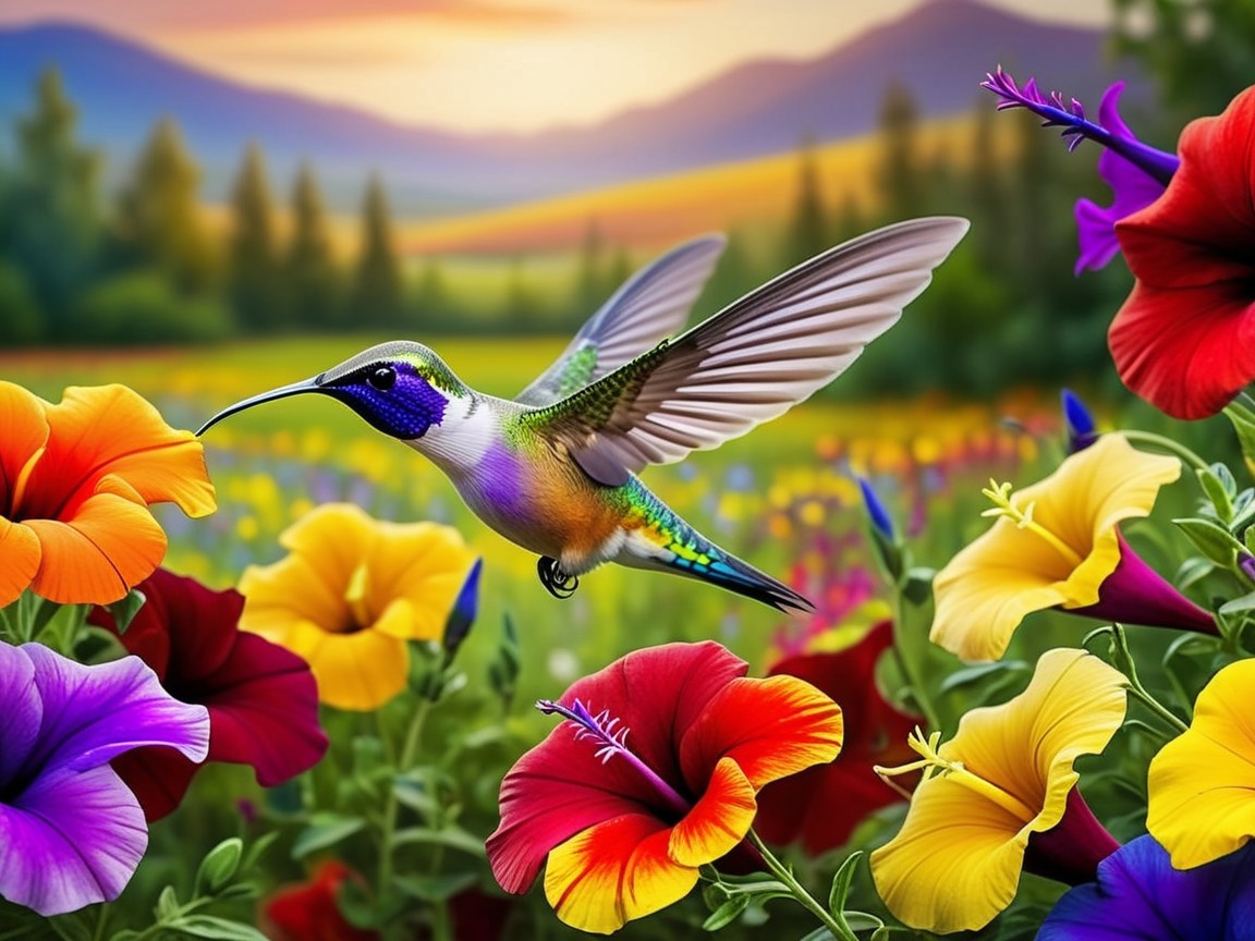Hummingbird Hovering Over Colorful Blooming Flowers