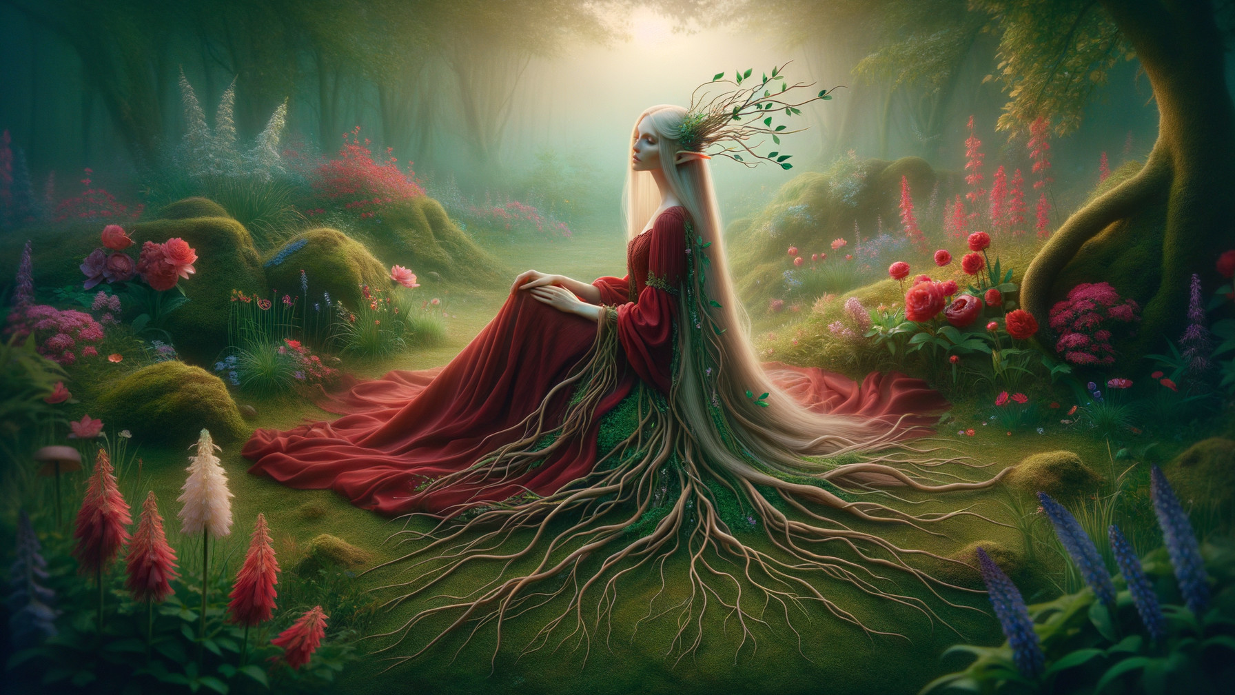 Mystical Figure in Enchanted Forest Surrounded by Nature