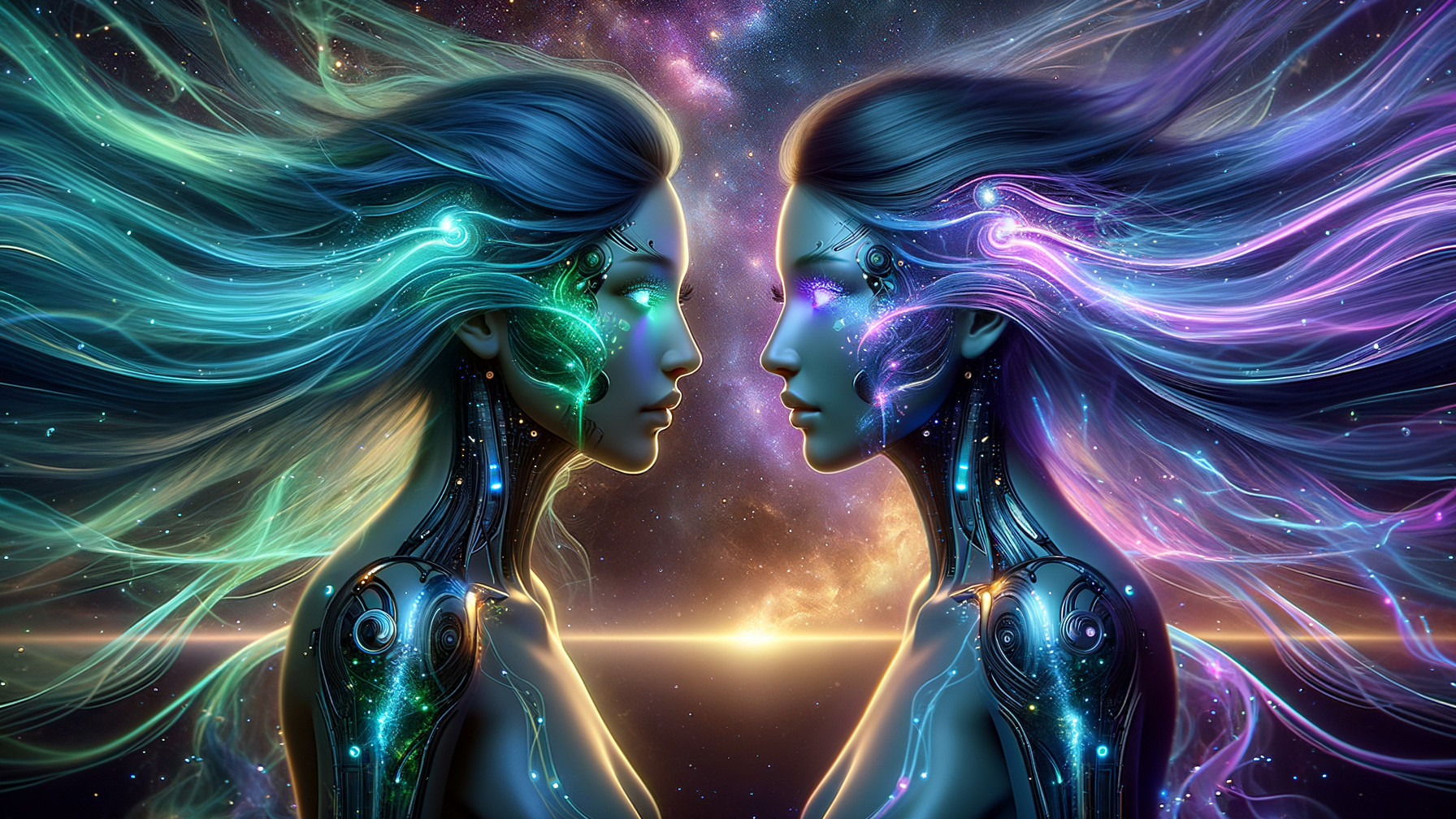 Ethereal Figures with Cosmic Hair and Metallic Designs