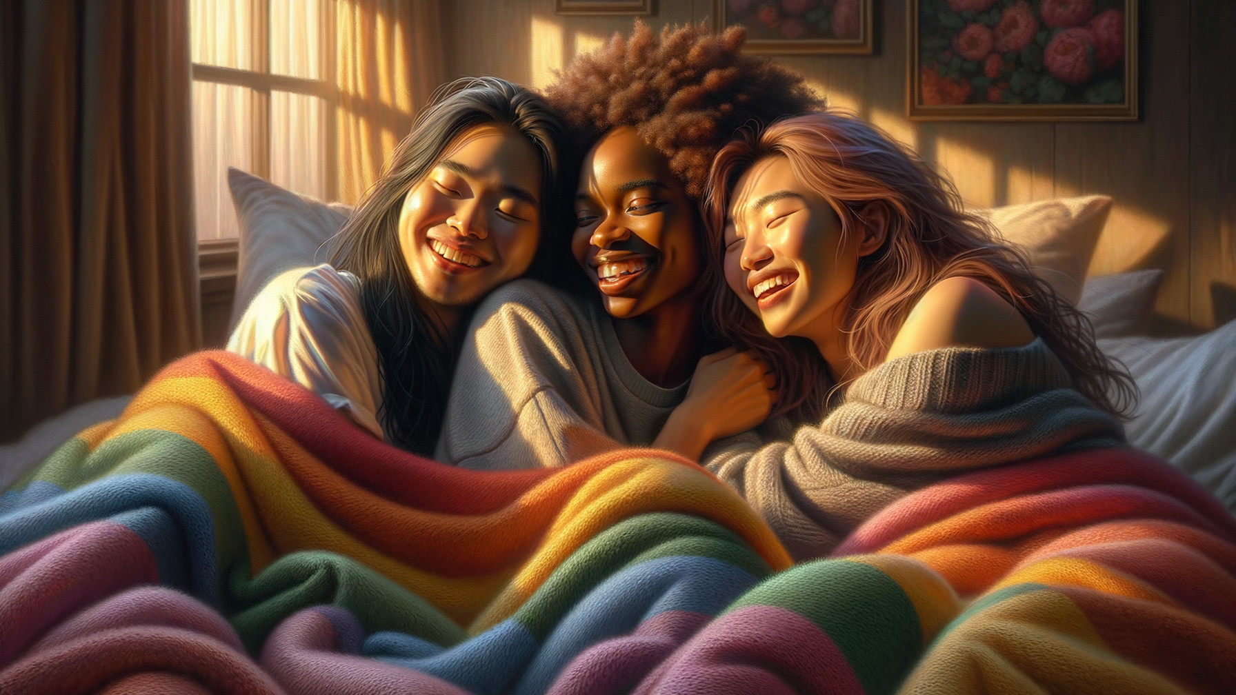 Young women enjoying a joyful moment in a cozy bedroom