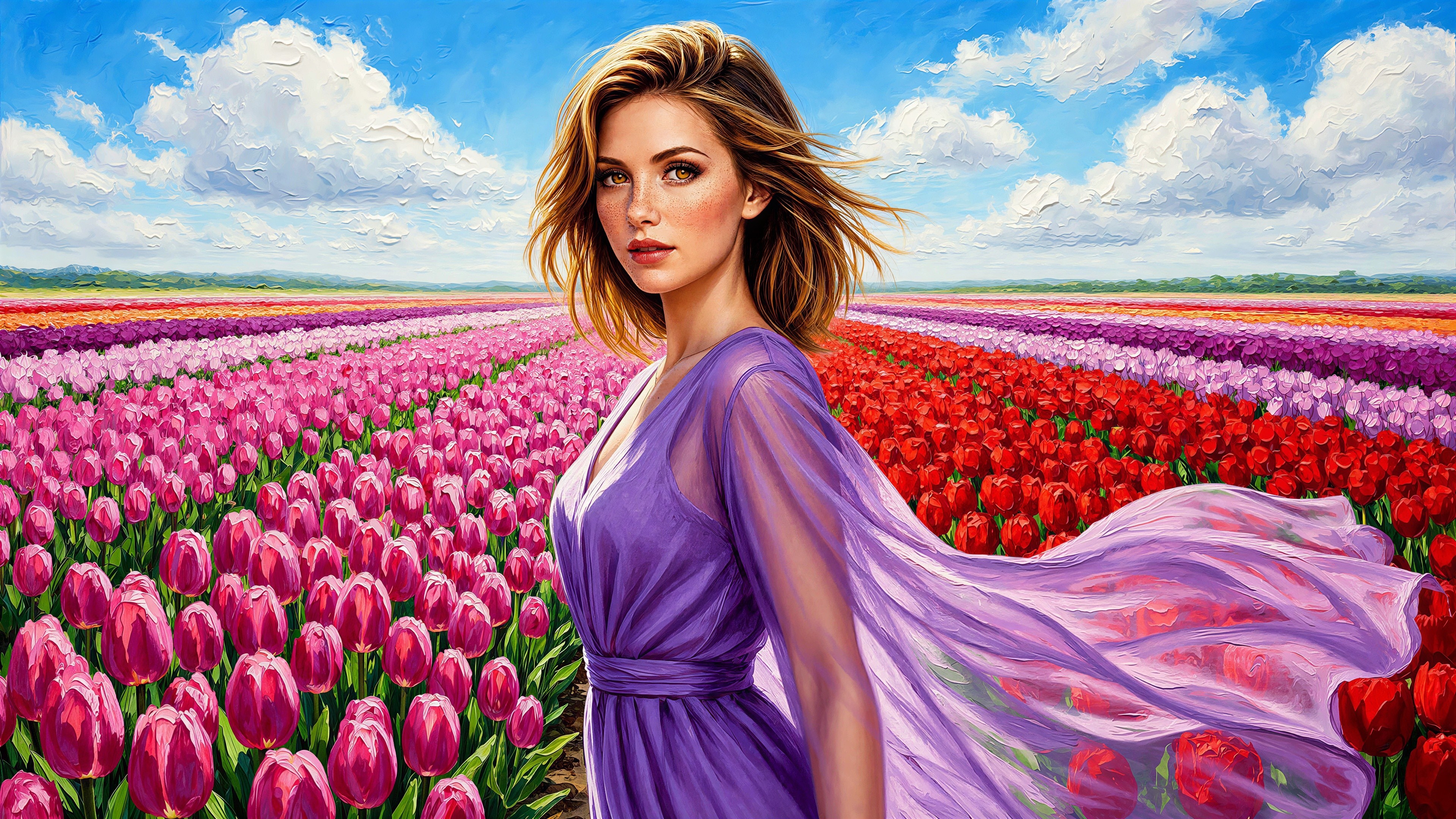 Woman in Lilac Dress in Tulip Field Under Blue Sky