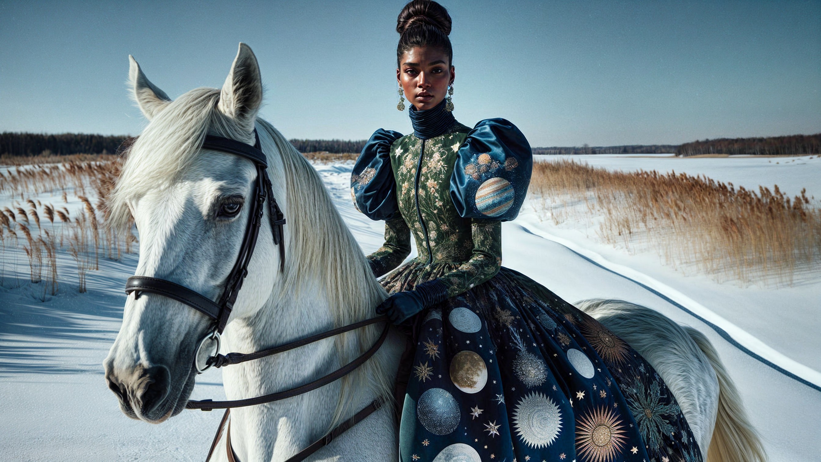 Model on White Horse in Winter Landscape with Gown