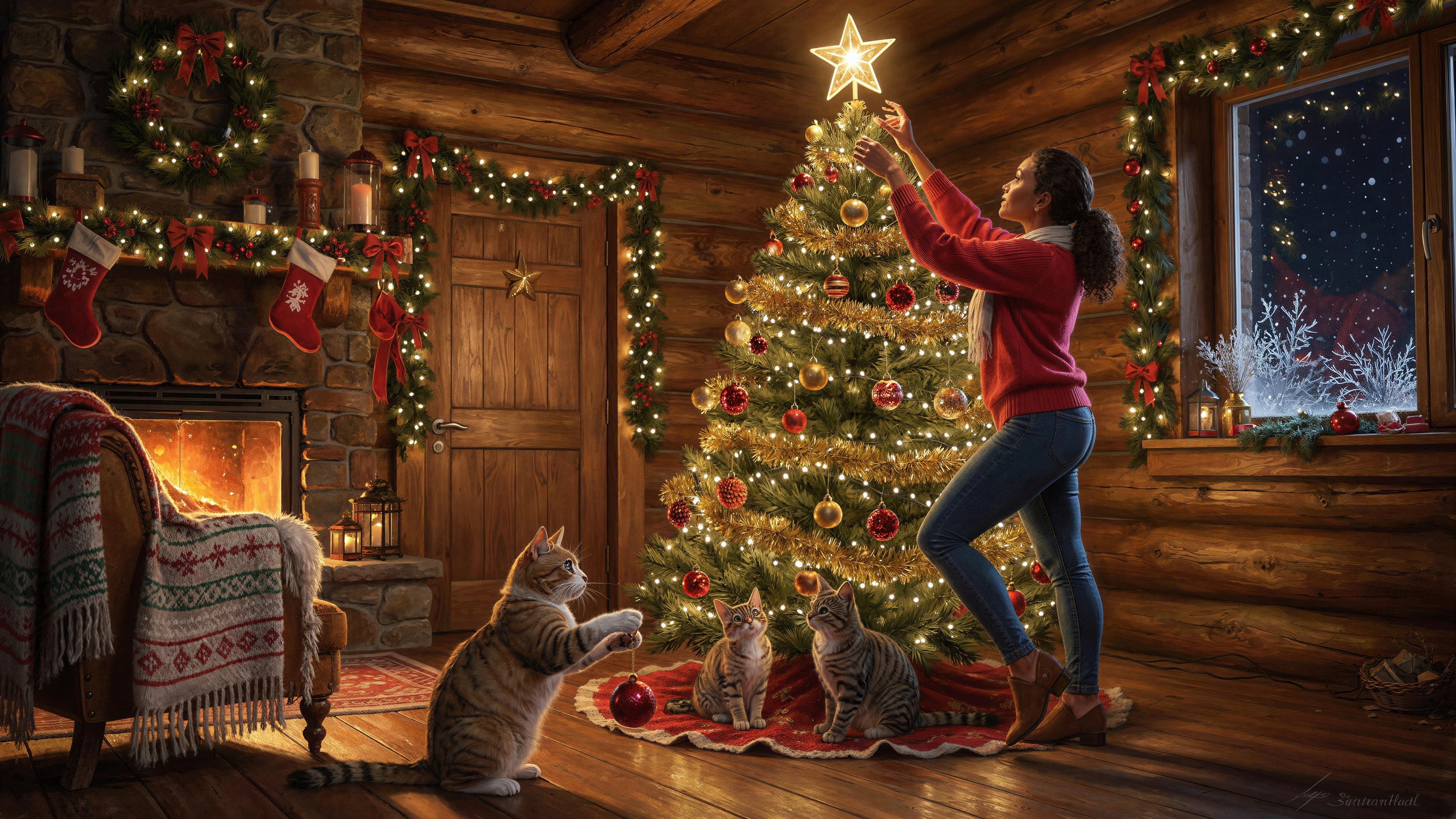 Cozy Christmas Cabin with Decorated Tree and Cats