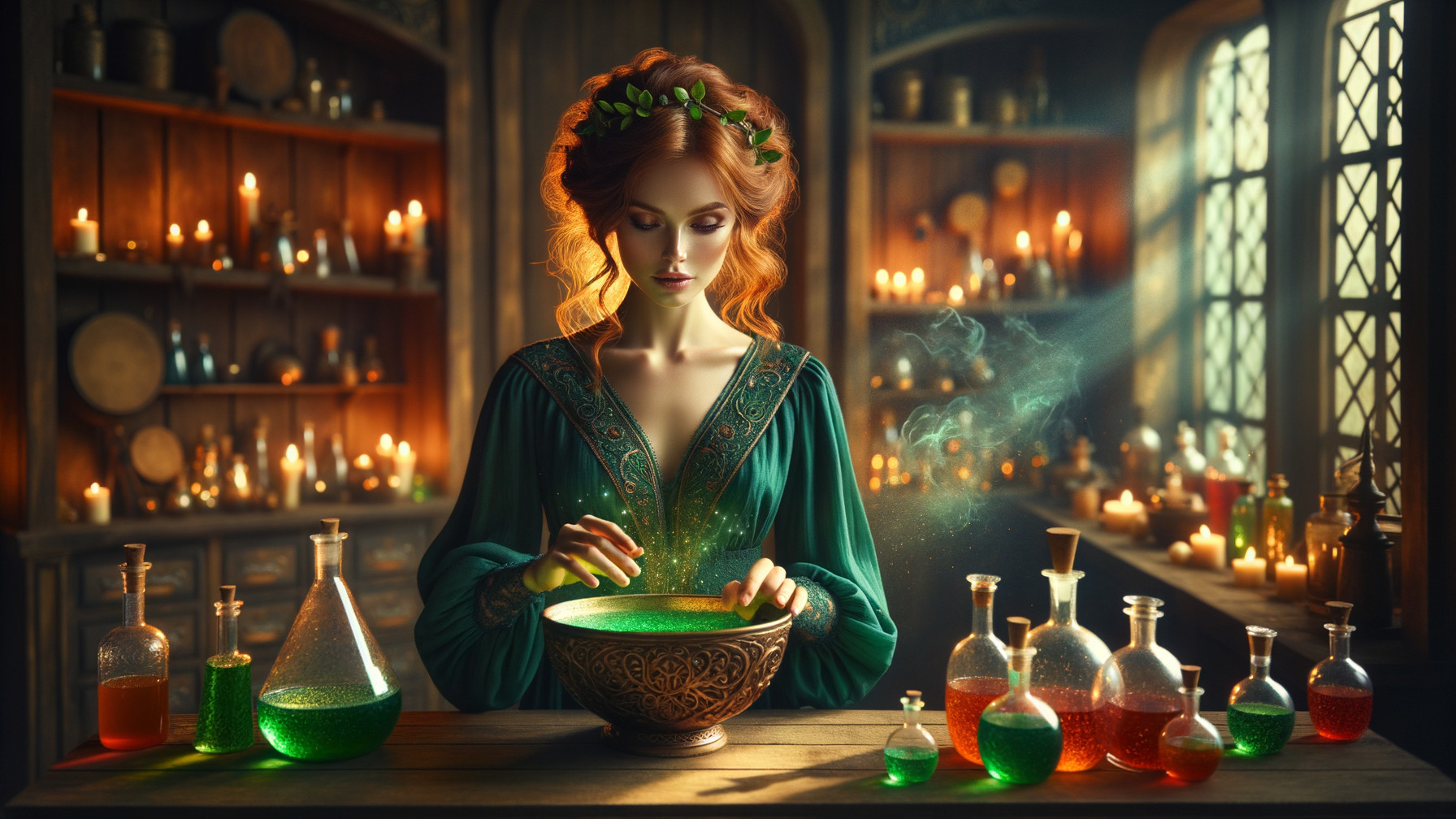 Young Woman in Green Gown by Glowing Cauldron