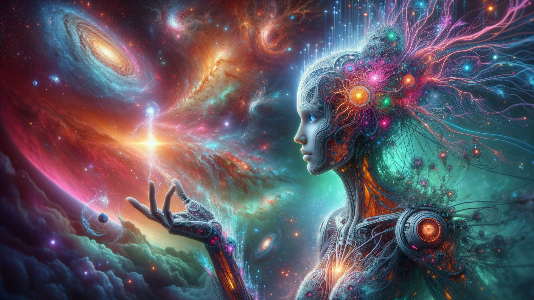 Humanoid Figure with Circuitry in Cosmic Scene