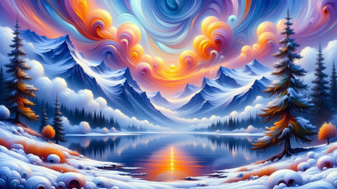 Majestic Snowy Mountains and Serene Lake at Sunset