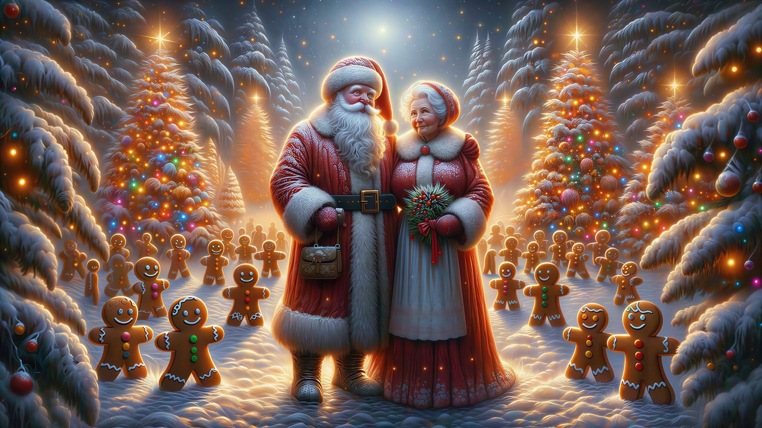 Santa and Mrs. Claus in a snowy Christmas scene