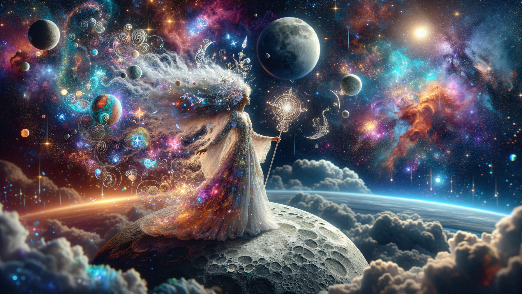 Celestial Figure in Ethereal Gown on Moonlit Surface