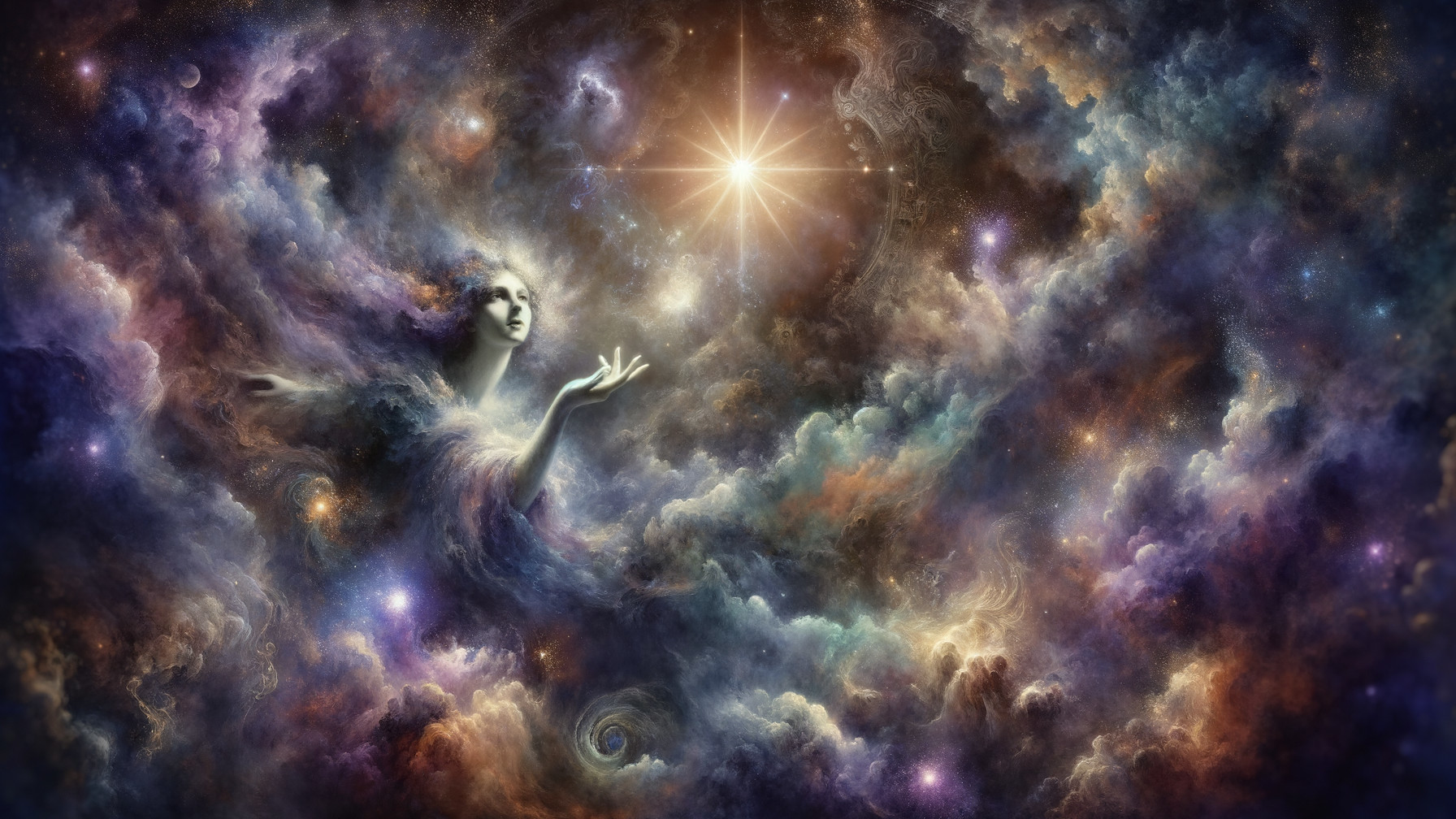 Mystical Figure in a Colorful Celestial Scene