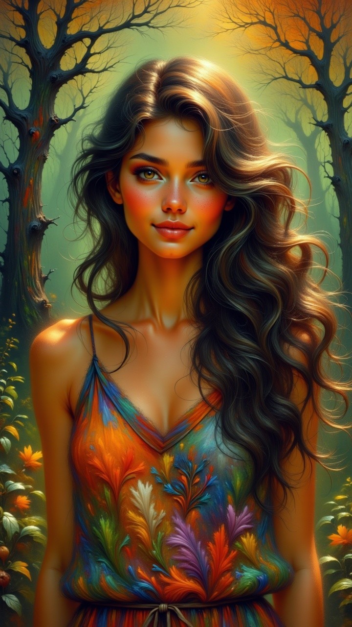 Young woman in floral dress in vibrant forest setting