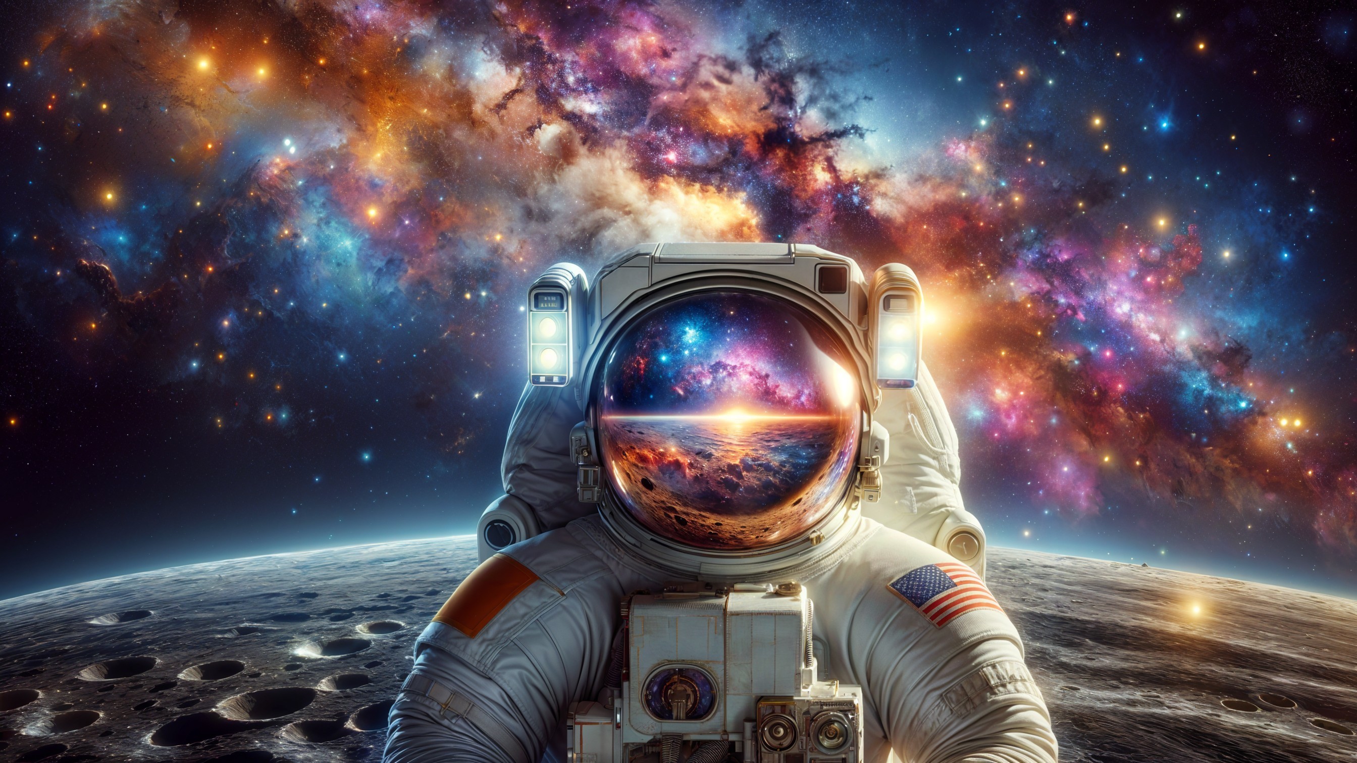 Astronaut on Lunar Surface with Cosmic Background