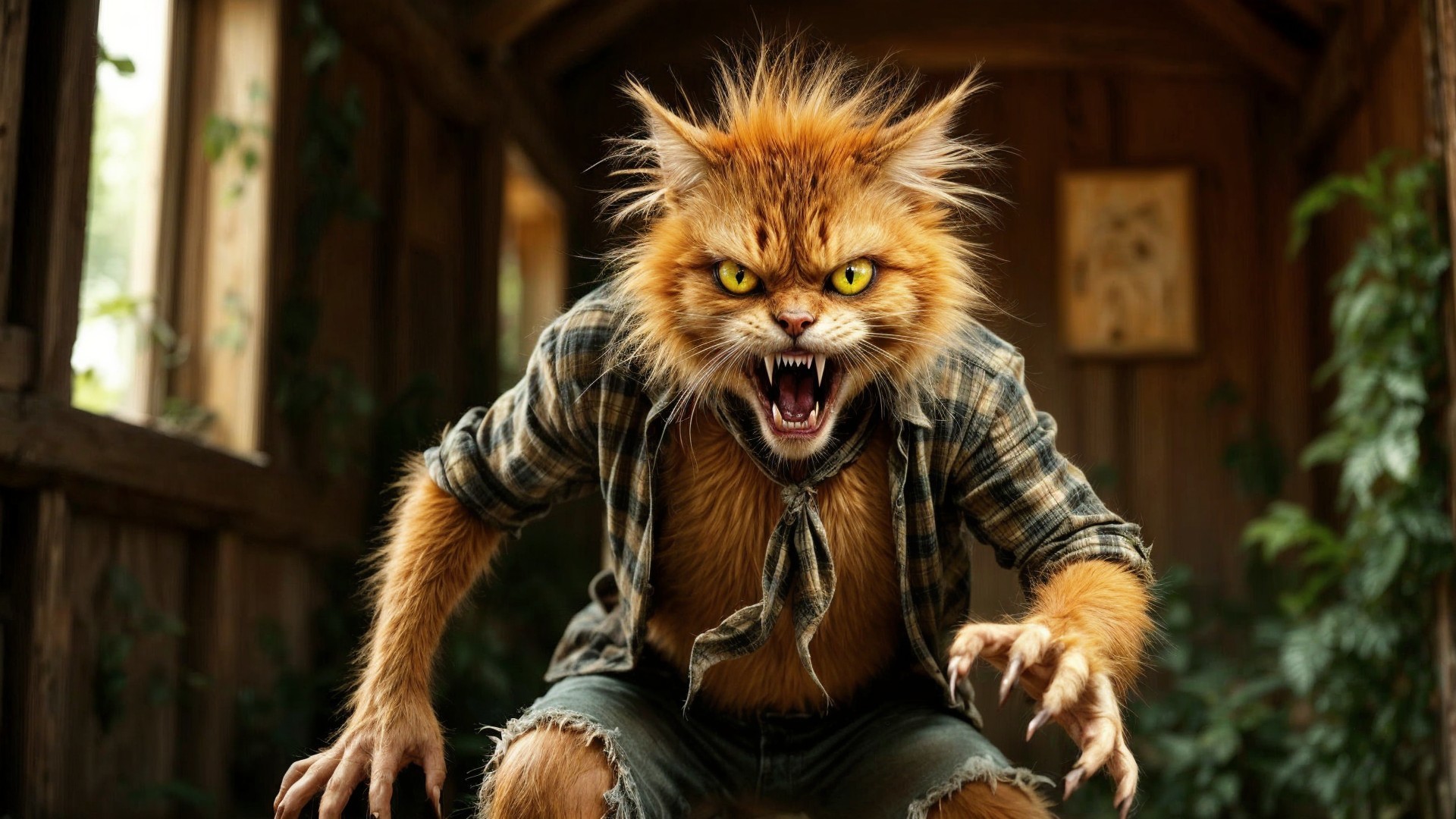 Fierce Anthropomorphic Cat Creature in Rustic Cabin