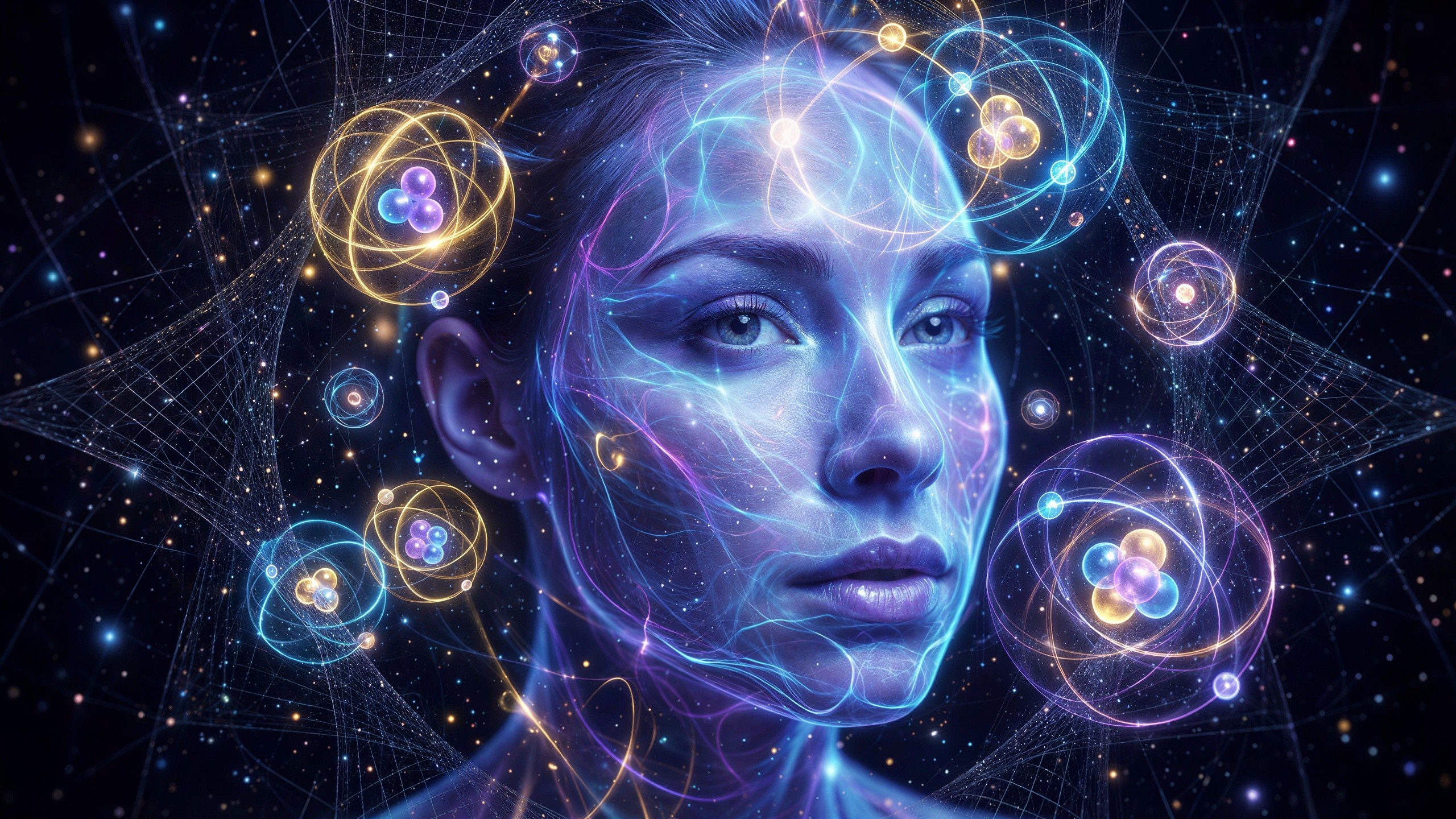 Digital Art of Woman's Face with Glowing Energy Lines