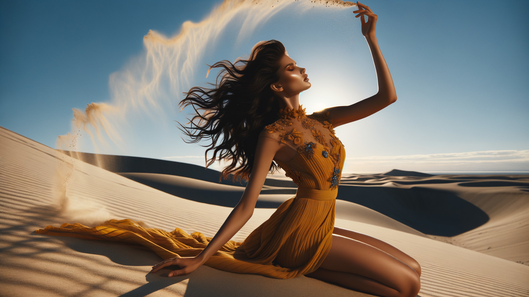Model in Elegant Yellow Gown in Desert Landscape