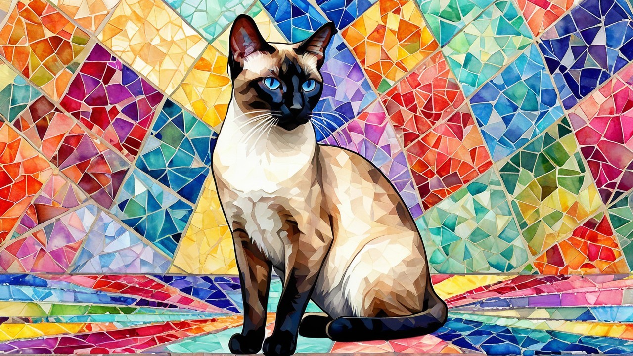 Siamese Cat Against Vibrant Mosaic Background