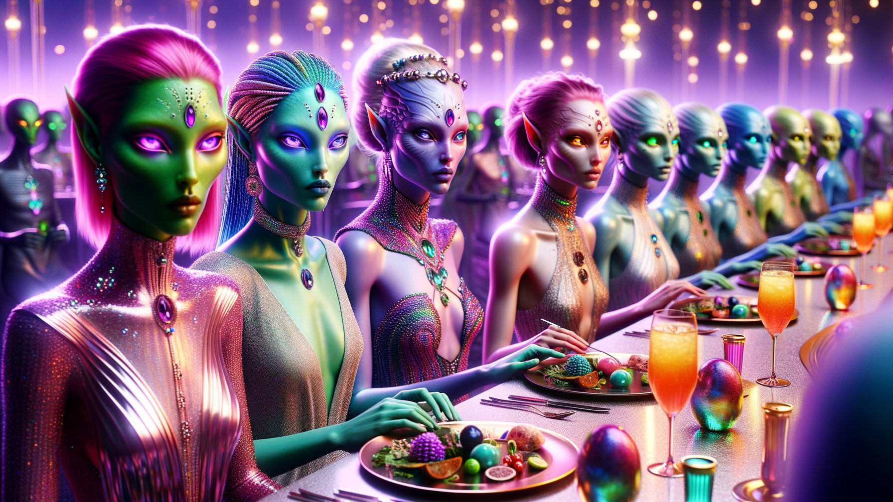 Futuristic Dinner Scene with Elegant Aliens and Decor