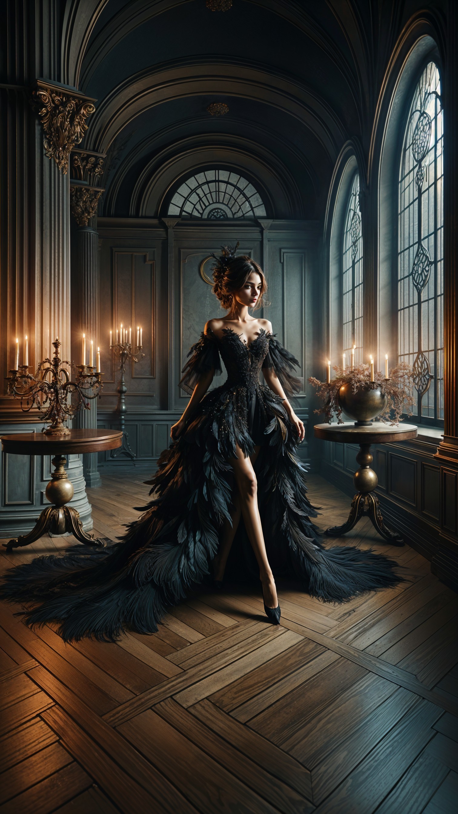 Elegant Woman in Lavish Room with Black Gown