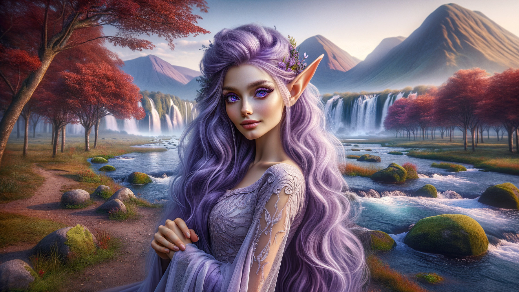 Fantasy Landscape with Young Woman by Serene River
