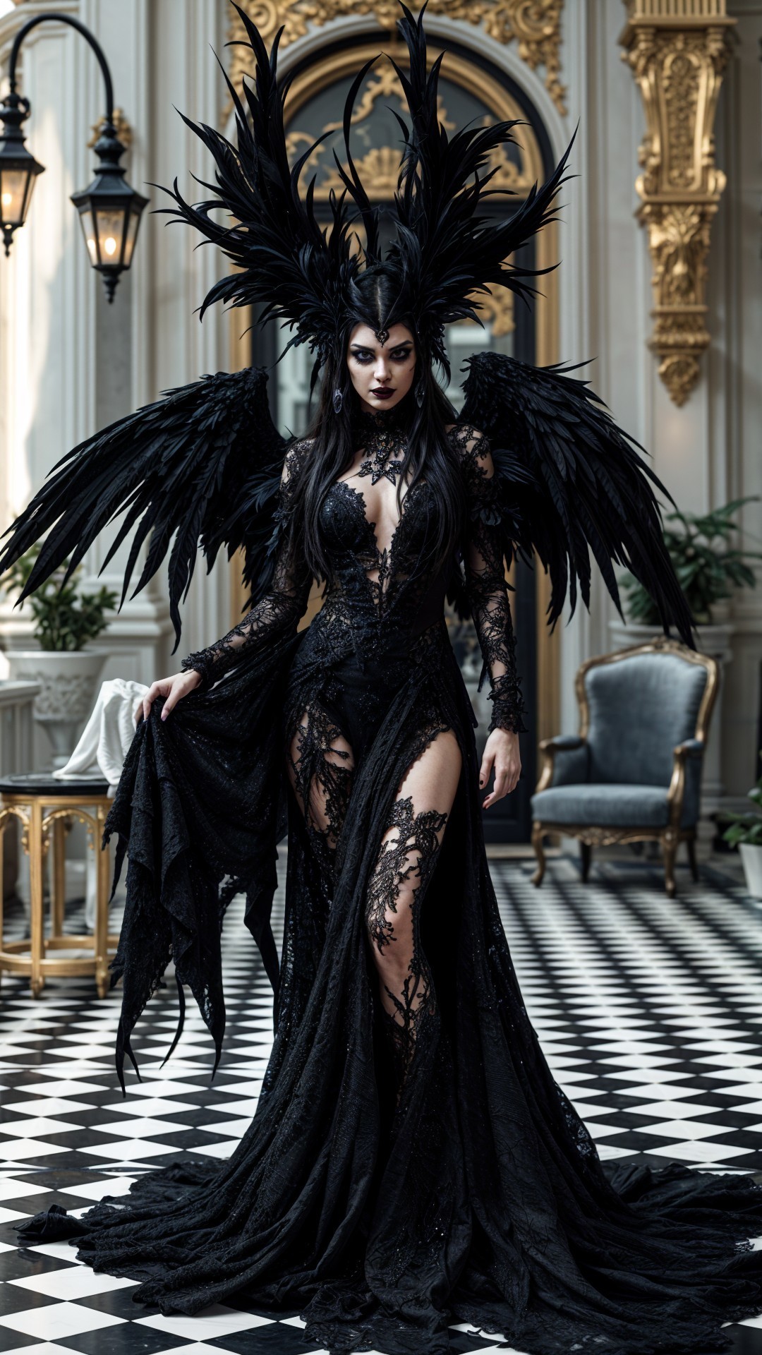 Elegant Figure in Opulent Room with Dramatic Gown