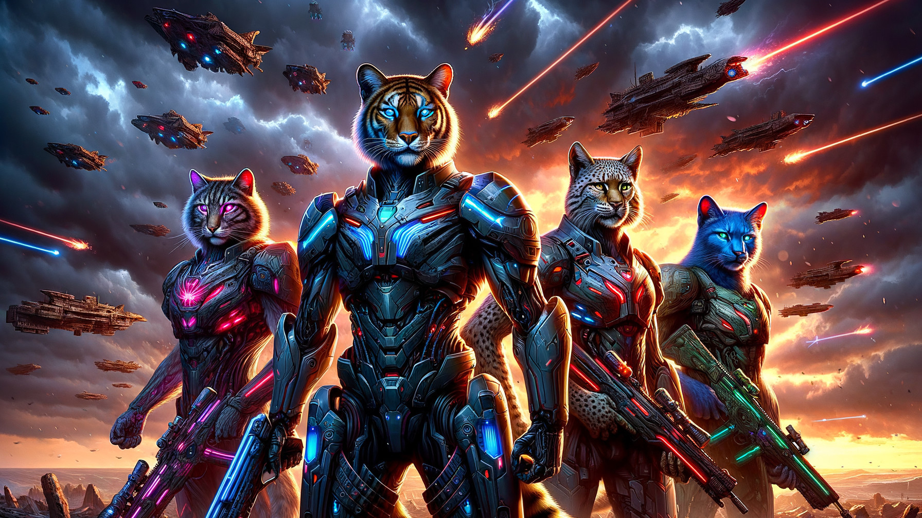 Futuristic Armored Feline Warriors in Cosmic Scene