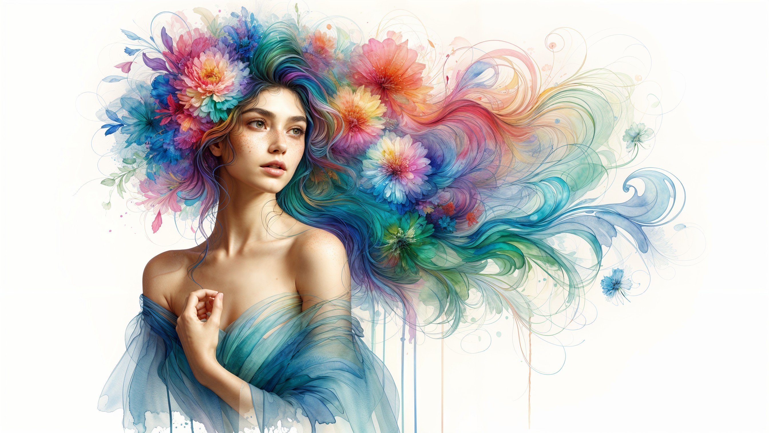 Ethereal Portrait of a Young Woman with Flowers