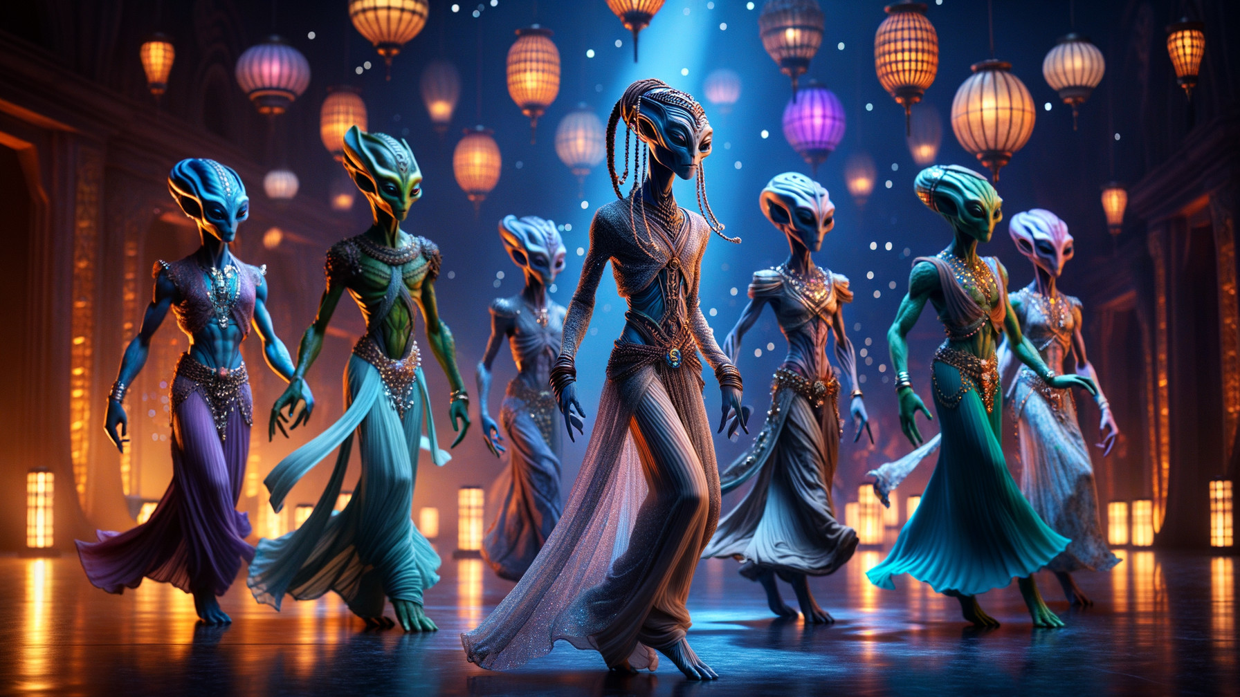 Elegant Alien Beings in a Mystical Celebration Scene