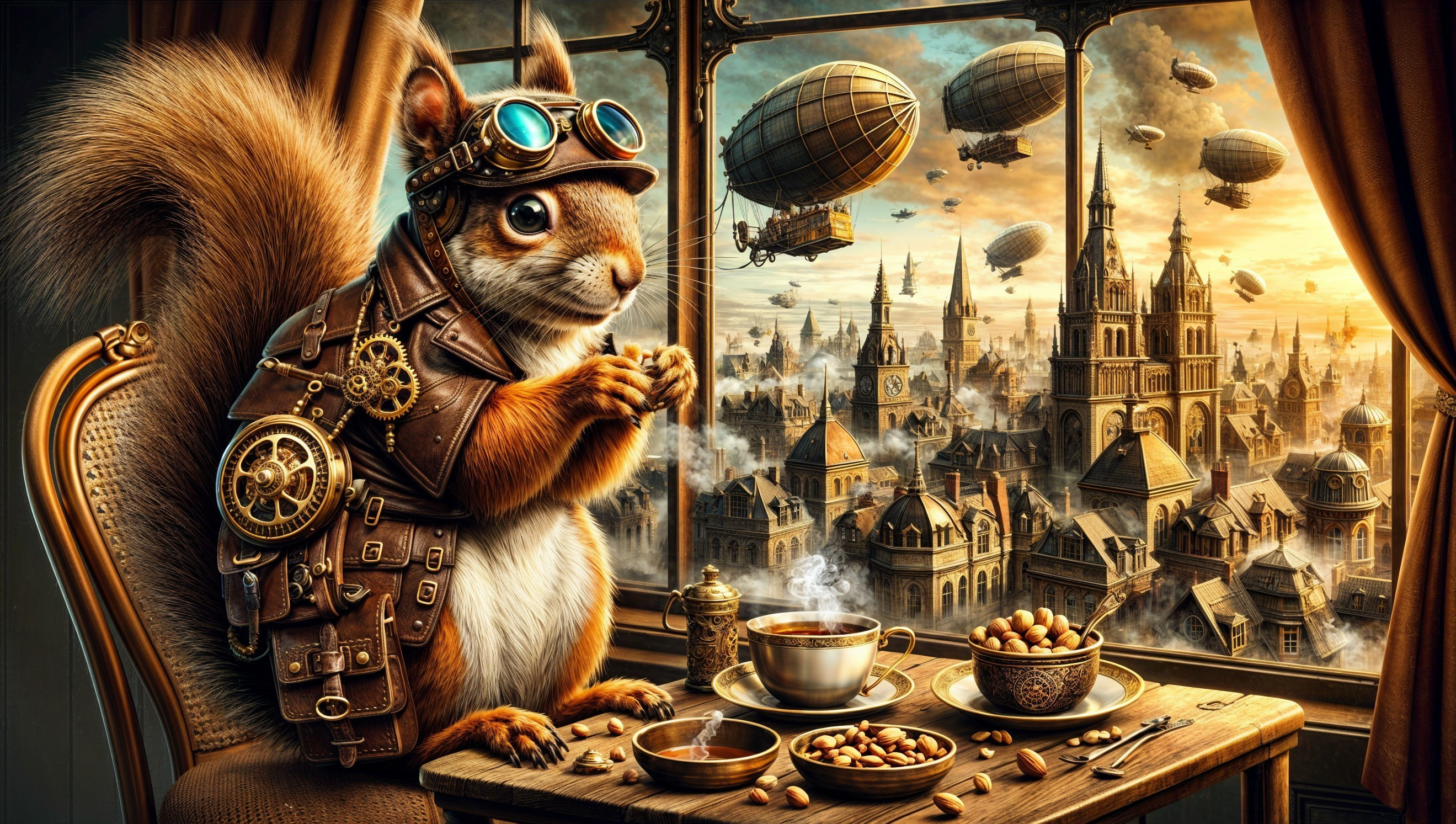 Steampunk Squirrel in a Fantasy Cityscape Setting