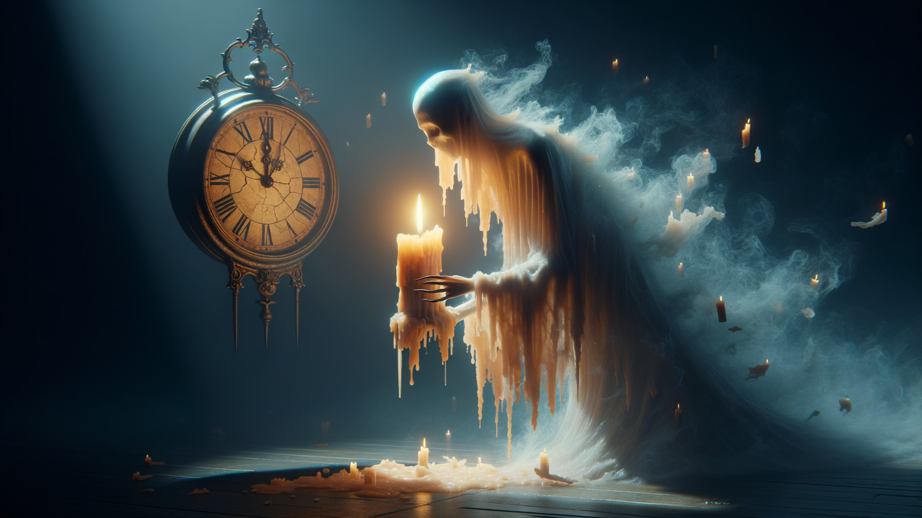 Ethereal Figure with Melting Candle in Dark Space