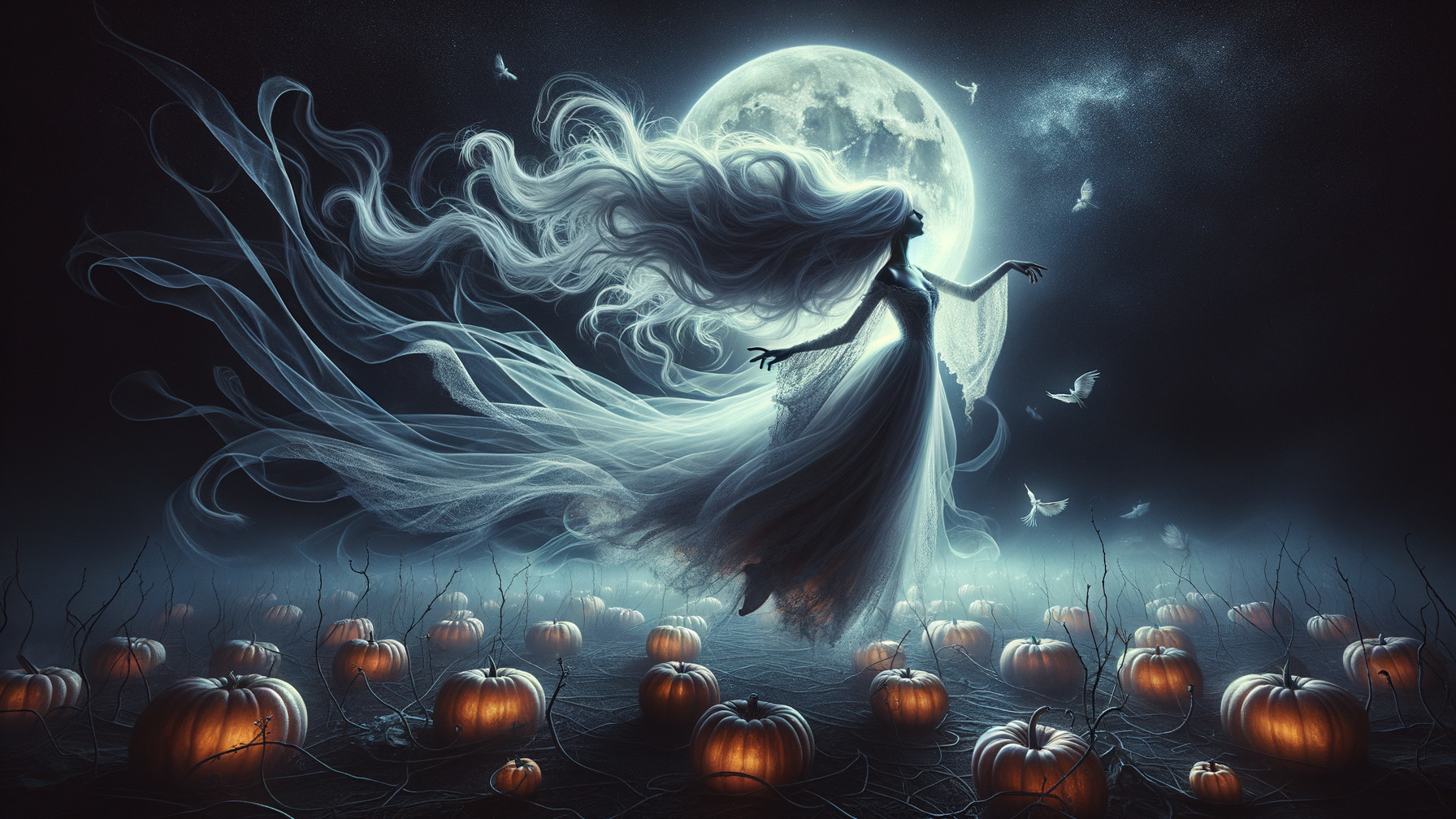 Ghostly Figure Dancing Among Glowing Pumpkins at Night