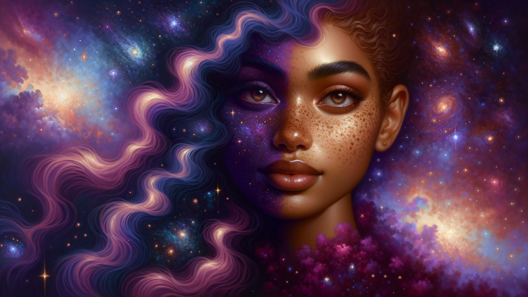 Portrait of a Young Woman in a Cosmic Scene