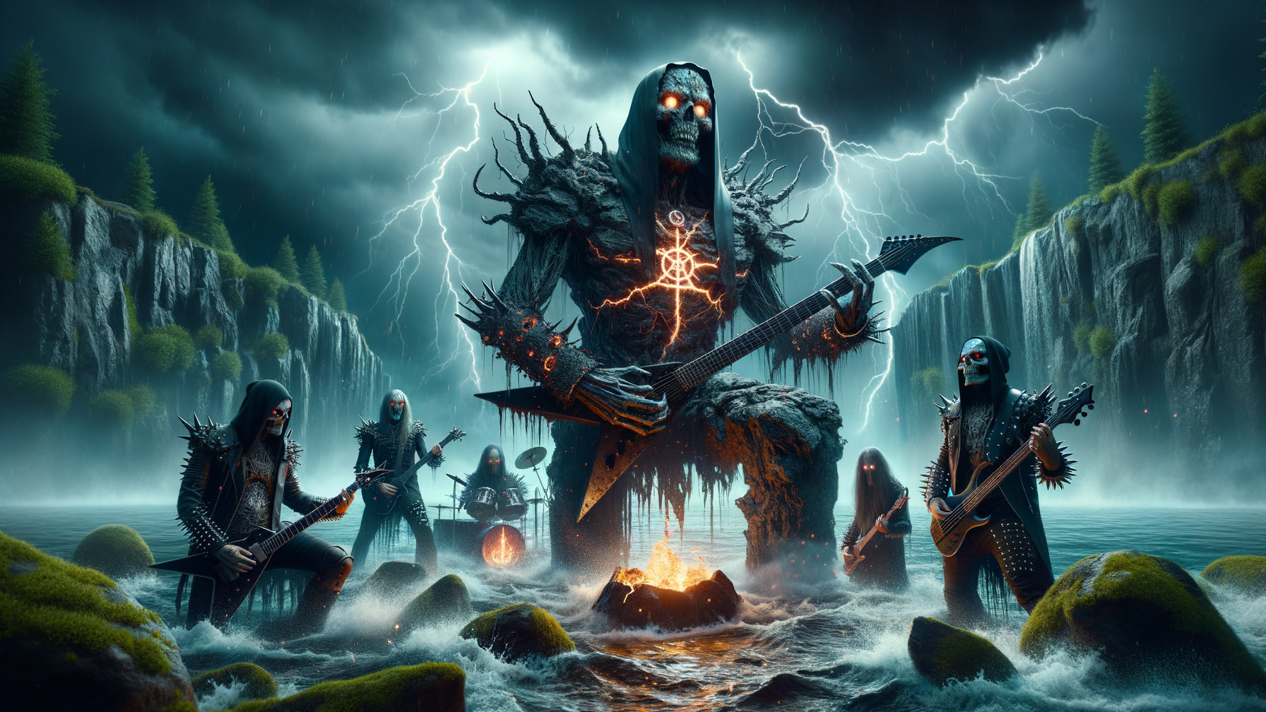 Undead Figure and Skeletal Musicians in Stormy Landscape
