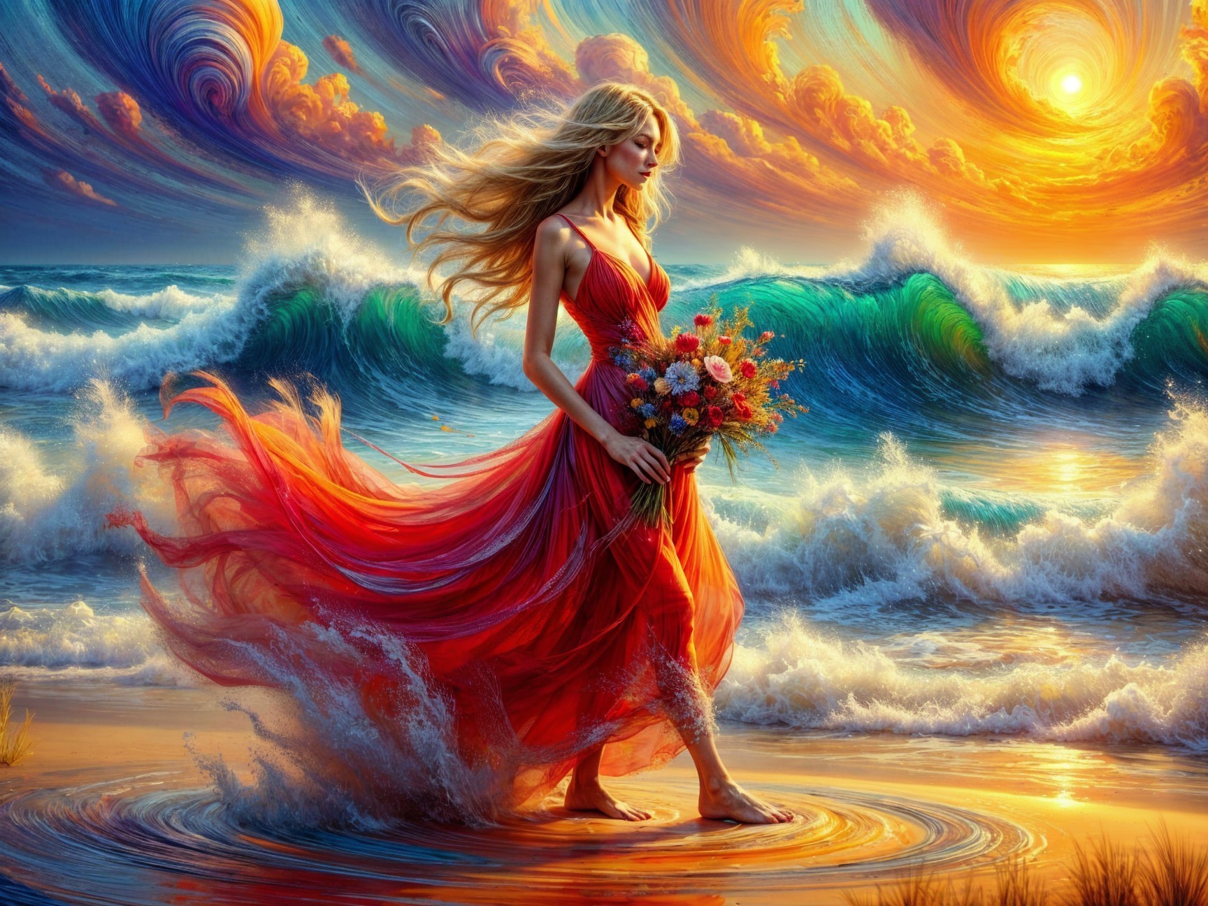 Figure in Red Dress on Beach at Sunset with Flowers