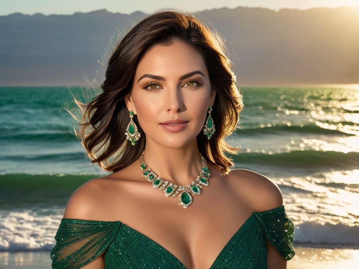 Elegant Woman by the Ocean at Sunset with Jewelry