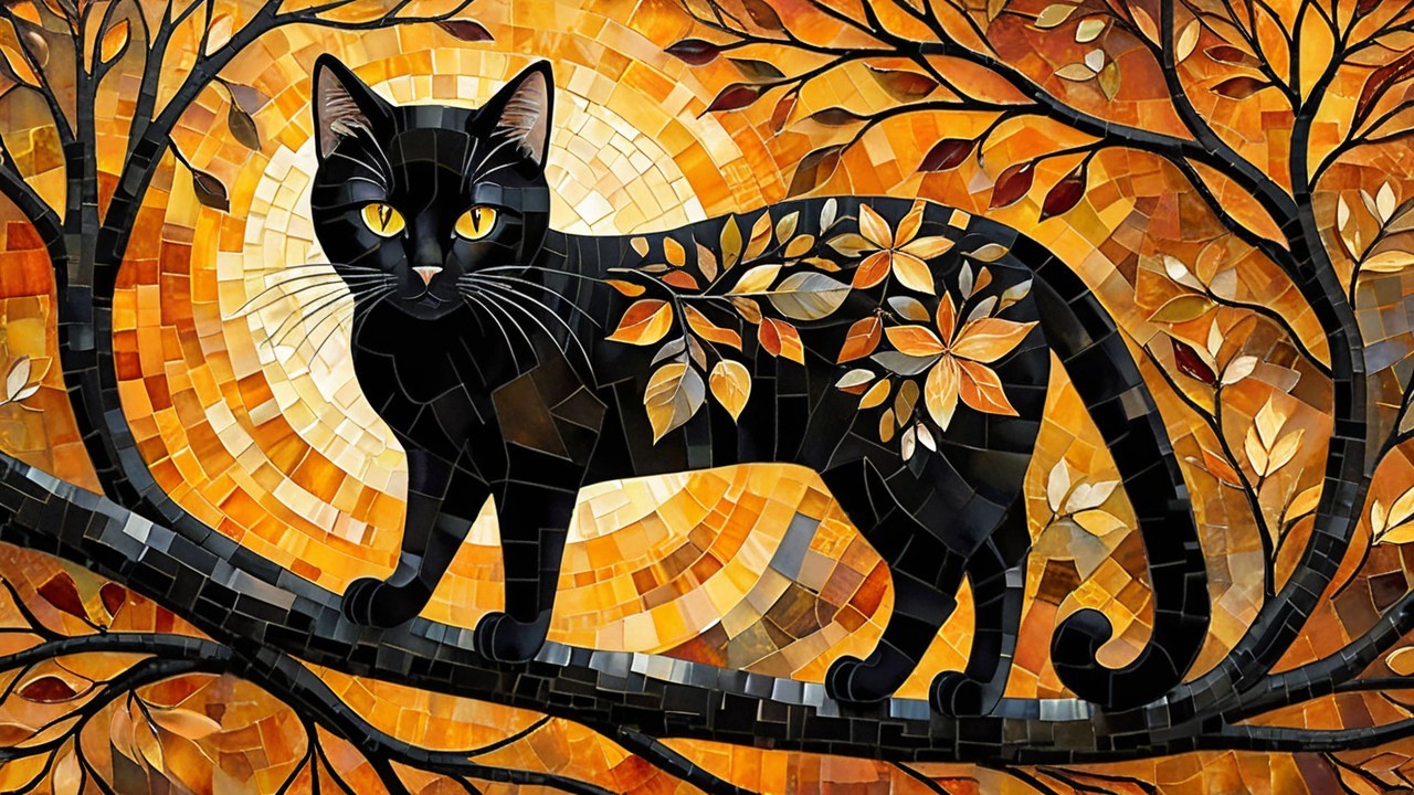 Mosaic Artwork of Black Cat Among Autumn Leaves