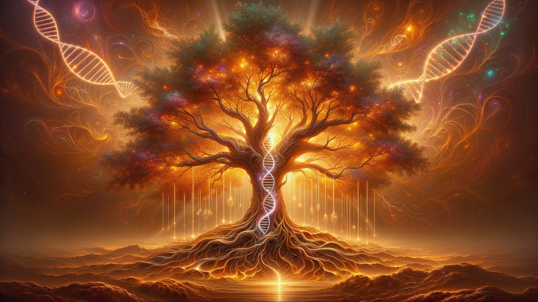 Majestic tree with DNA strands and ethereal lights