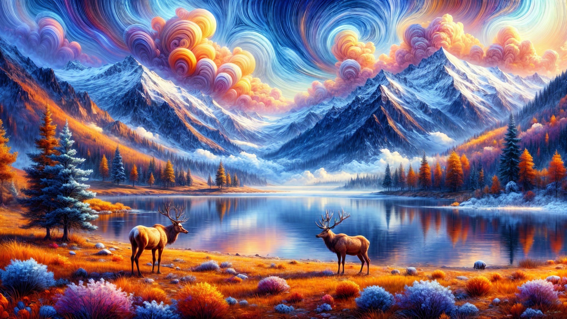 Majestic Mountains and Deer by Serene Autumn Lake